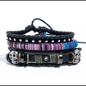 Black Silver Skull Bracelet Tribal Leather.